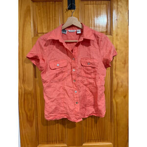Richard Malcolm Irish Linen Button Front Short Sleeve Shirt Coral Pink Women’s S